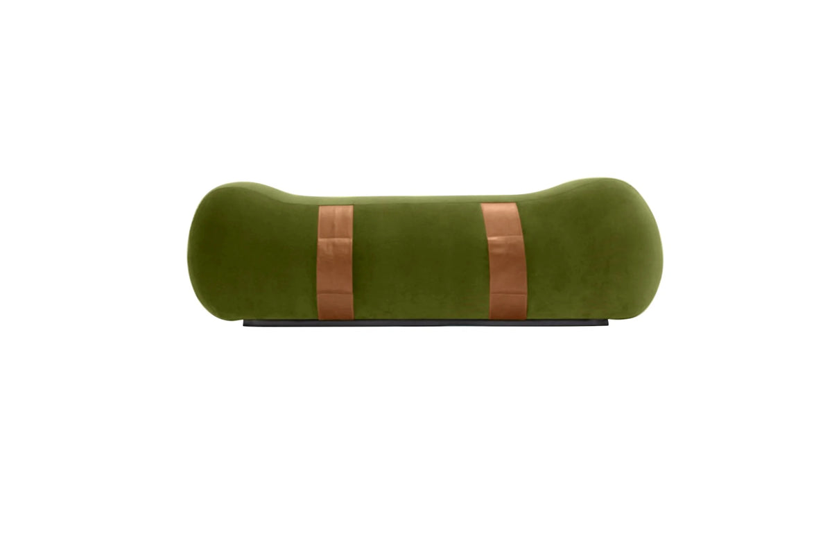 Milo Bench in Avocado green velvet with tan leather straps, front view
