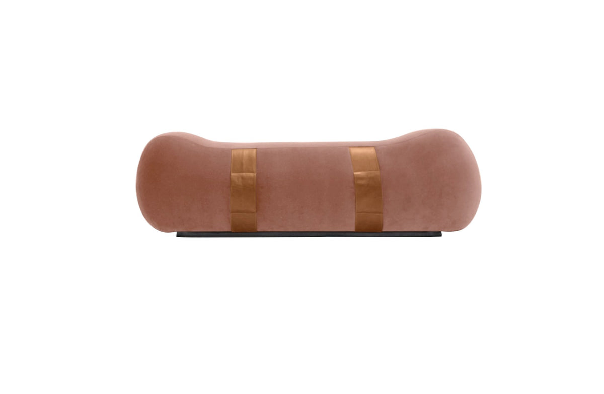 Milo Bench in Cameo pink velvet with tan leather straps, front view