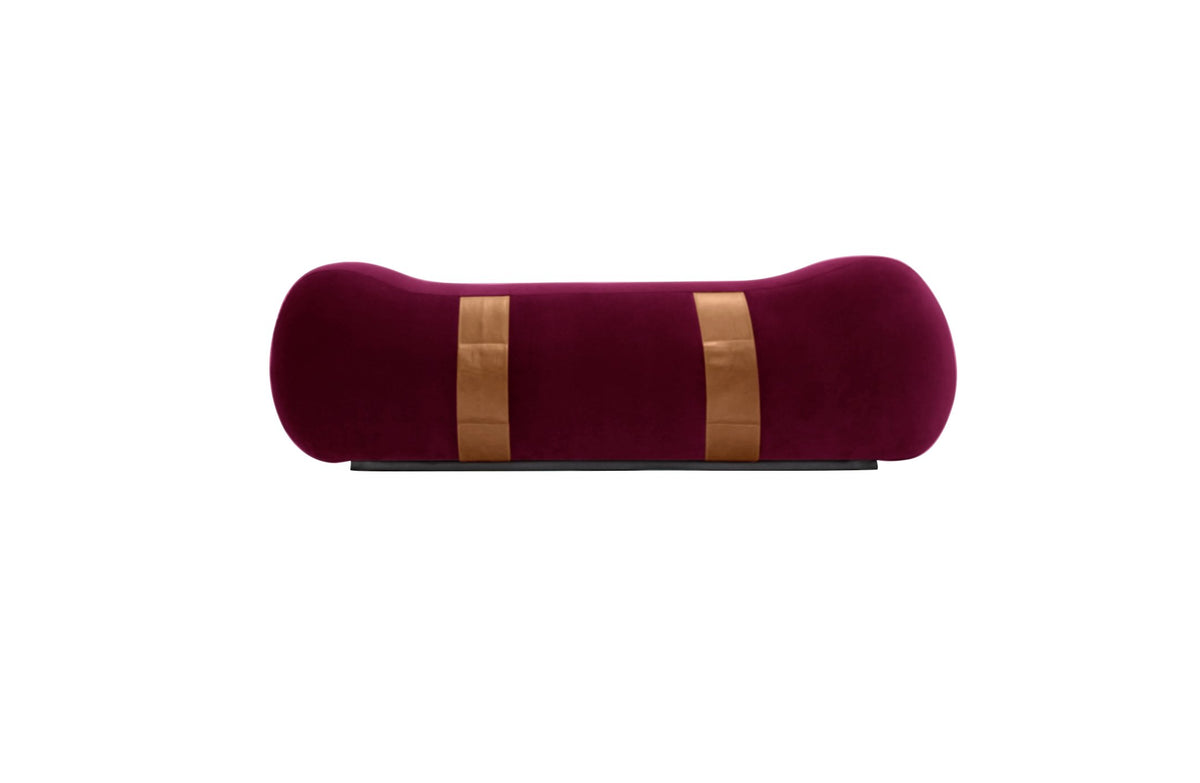 Milo Bench in Cranberry velvet with tan leather straps, front view