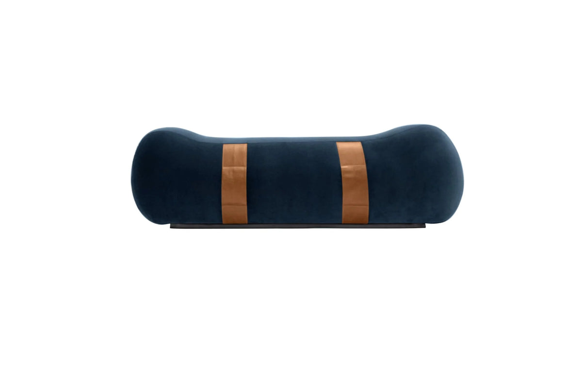 Milo Bench in Ocean navy velvet with tan leather straps, front view