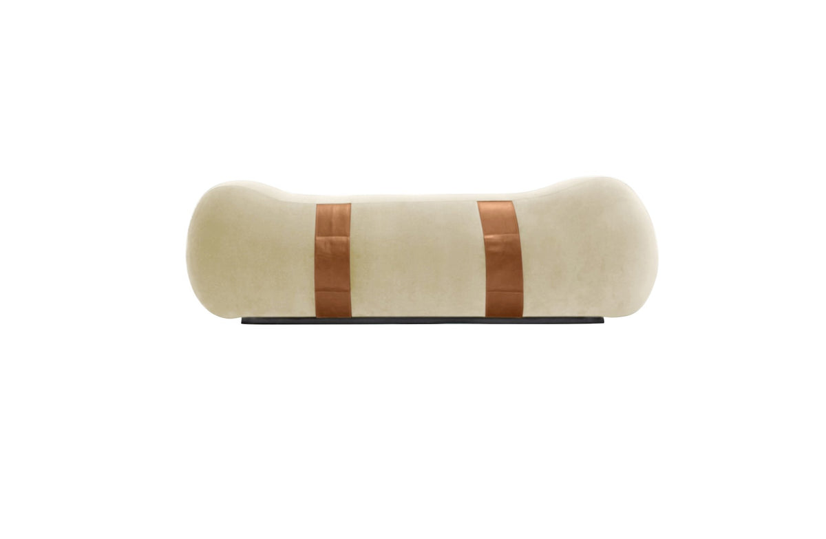 Milo Bench in Shell cream velvet with tan leather straps, front view