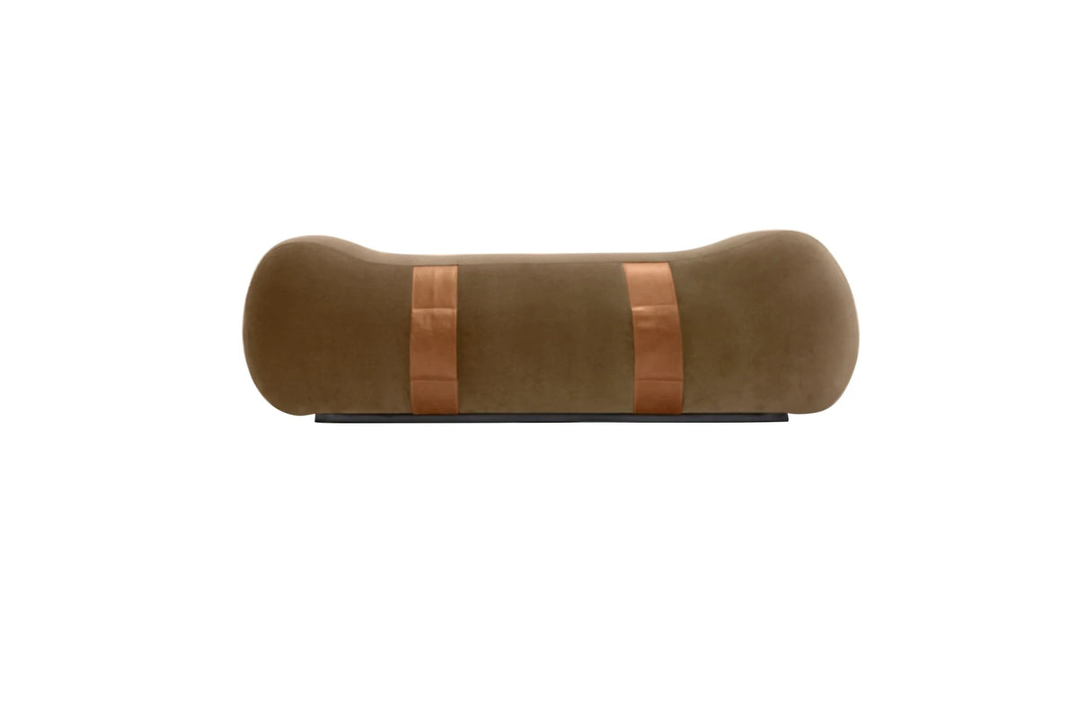 Milo Bench in Taupe velvet with tan leather straps, front view