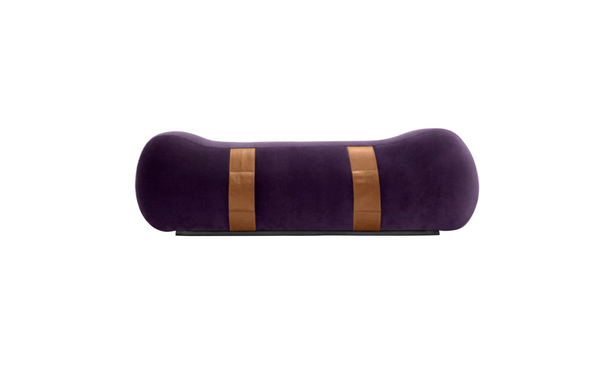 Milo Bench in Violet velvet with tan leather straps, front view