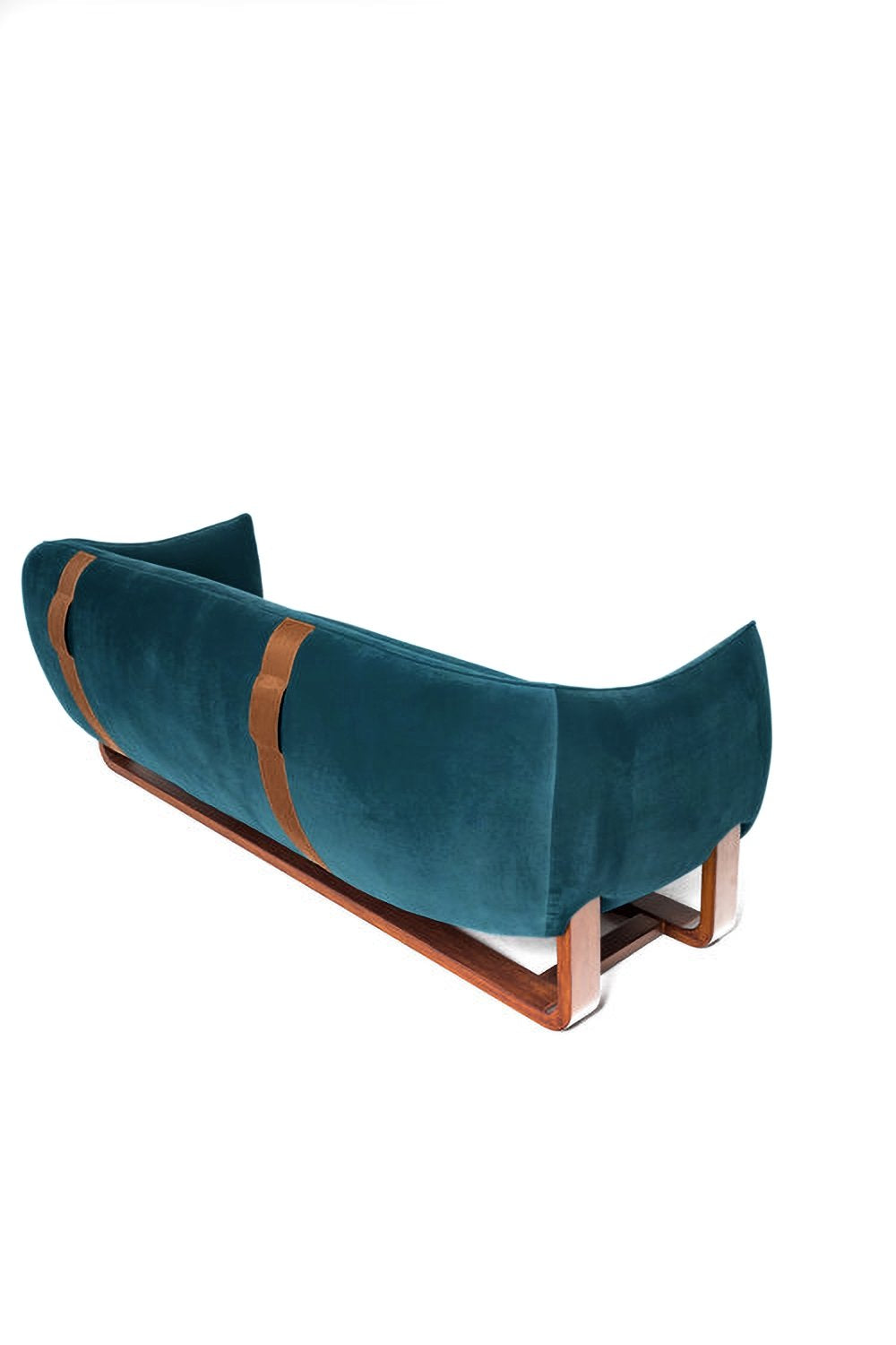 Milo Sofa in Ming teal velvet, back view on copper sled base