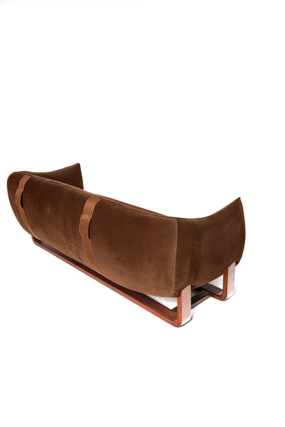 Milo Sofa in Terra Cotta velvet, back view with leather straps and copper base