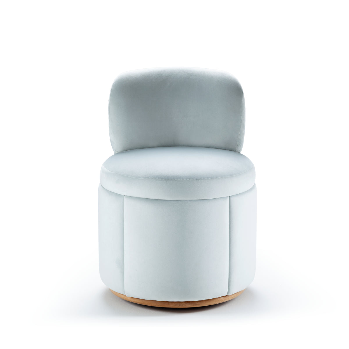 Mimi Swivel Dining Chair in pale blue velvet with beech base, front view