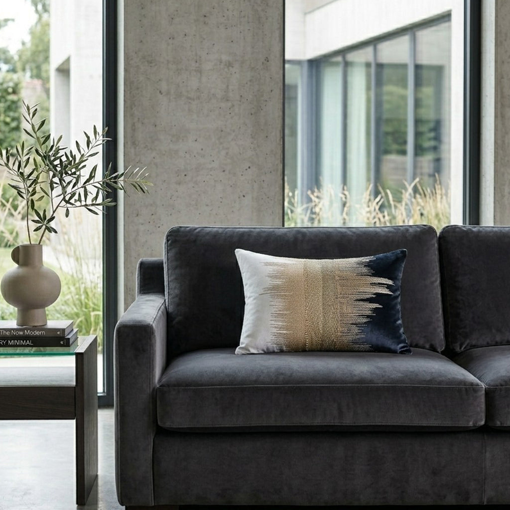 Mira Ivory Beige Lumbar Pillow, Ivory Navy, styled in a living room by Maison Burgos