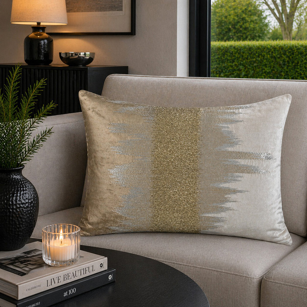 Mira Ivory Beige Lumbar Pillow, styled in a living room by Maison Burgos