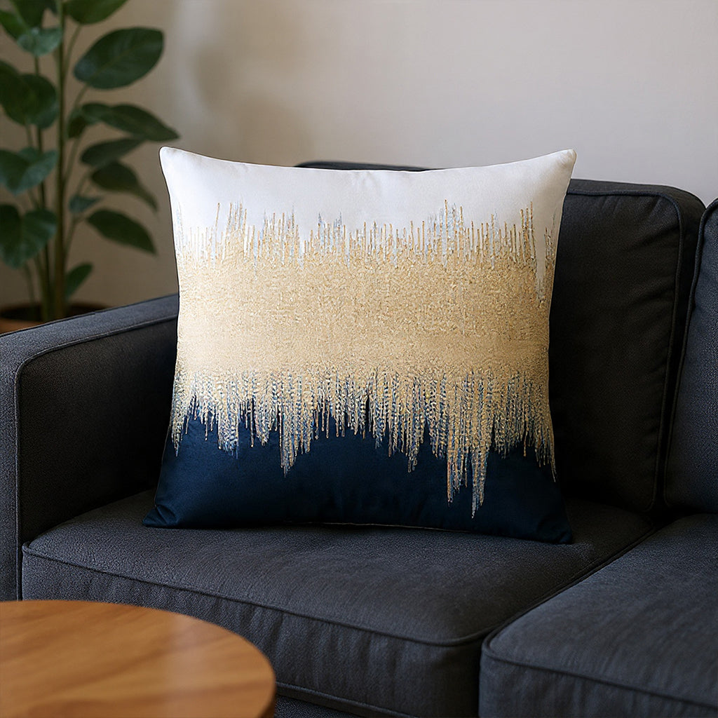 Mira Pillow, Ivory Navy, styled in a living room by Maison Burgos