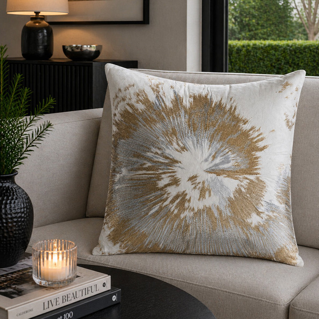 Mira Starburst Pillow, Ivory, styled in a living room by Maison Burgos