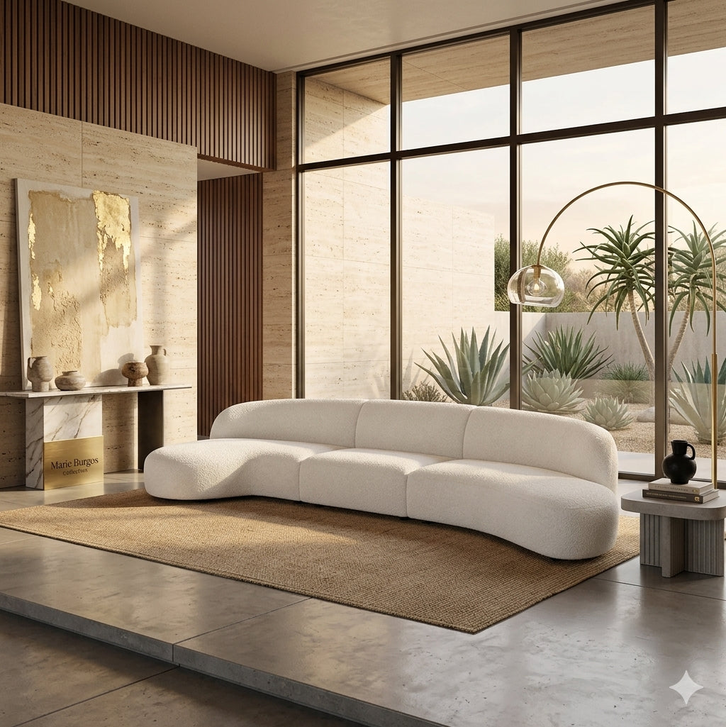 Moritz Sectional 3-Piece in Alabaster in a desert-modern lounge with an arc floor lamp