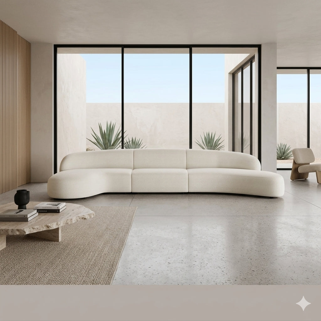 Moritz Sectional 3-Piece in Alabaster in a minimalist lounge with concrete floors and desert views