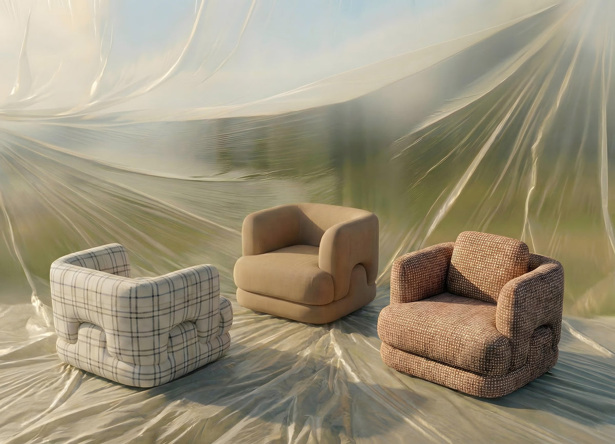 Mosaico Armchair trio in plaid, camel and rust fabrics under a plastic sheet