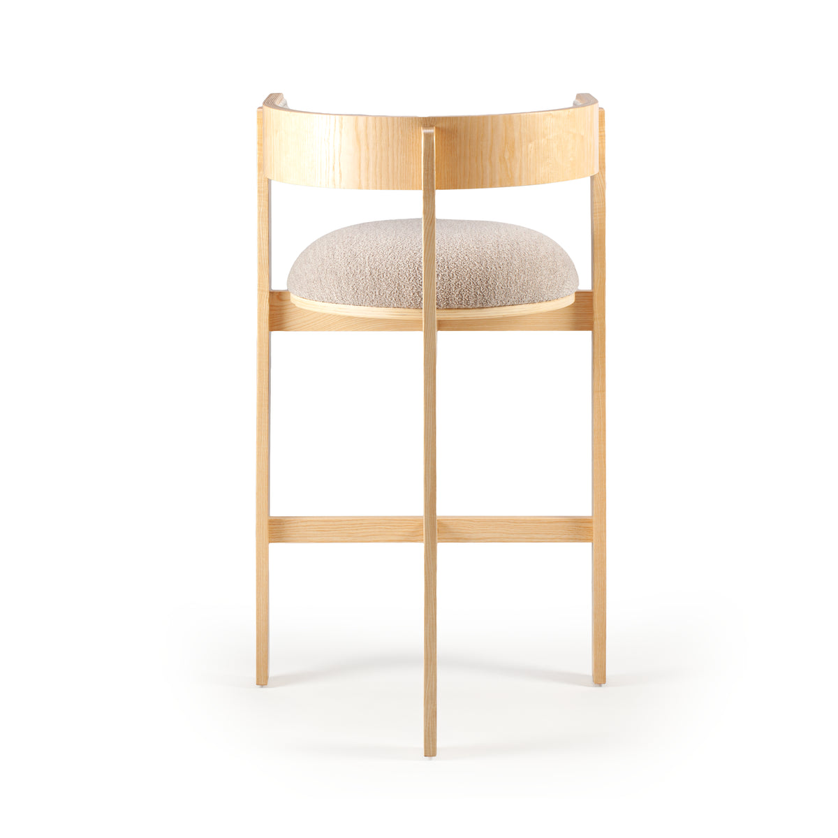 Moulin Bar Stool in natural beech with taupe bouclé seat, back view