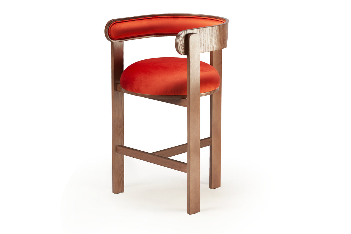 Moulin Counter Stool in orange velvet with walnut-tone frame, three-quarter view