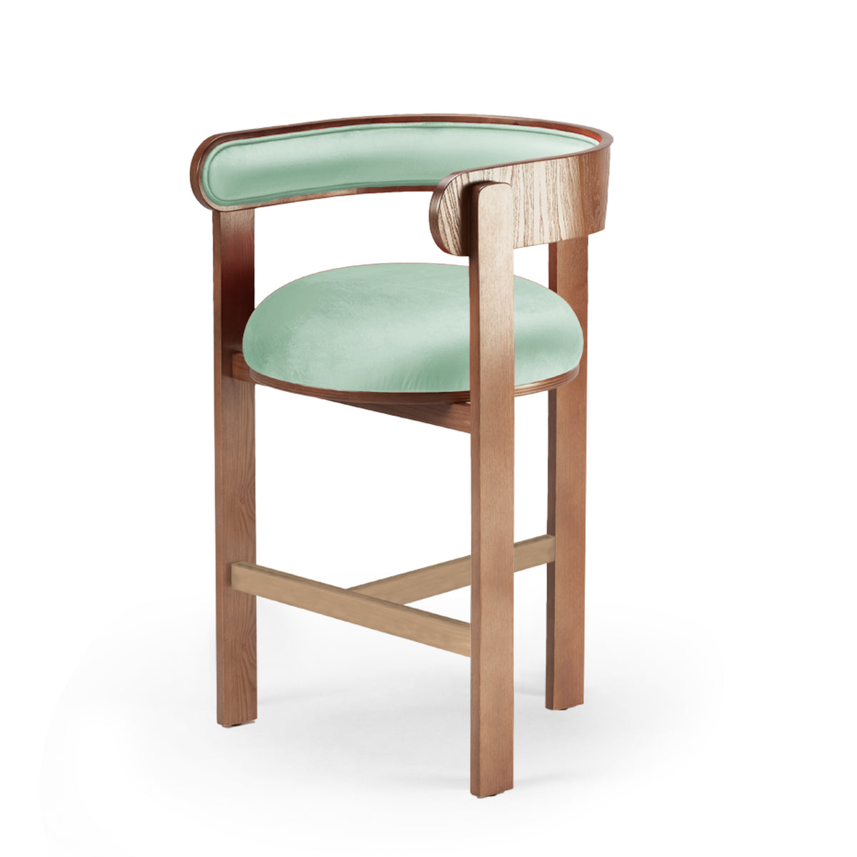 Moulin Counter Stool in mint green velvet with walnut-tone frame