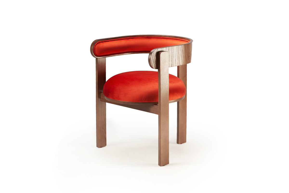Moulin Dining Chair in walnut-tone wood with orange velvet seat and back, three-quarter view