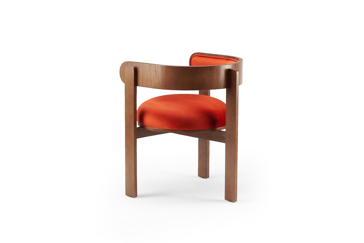 Moulin Dining Chair in walnut-tone wood with orange velvet, rear three-quarter view