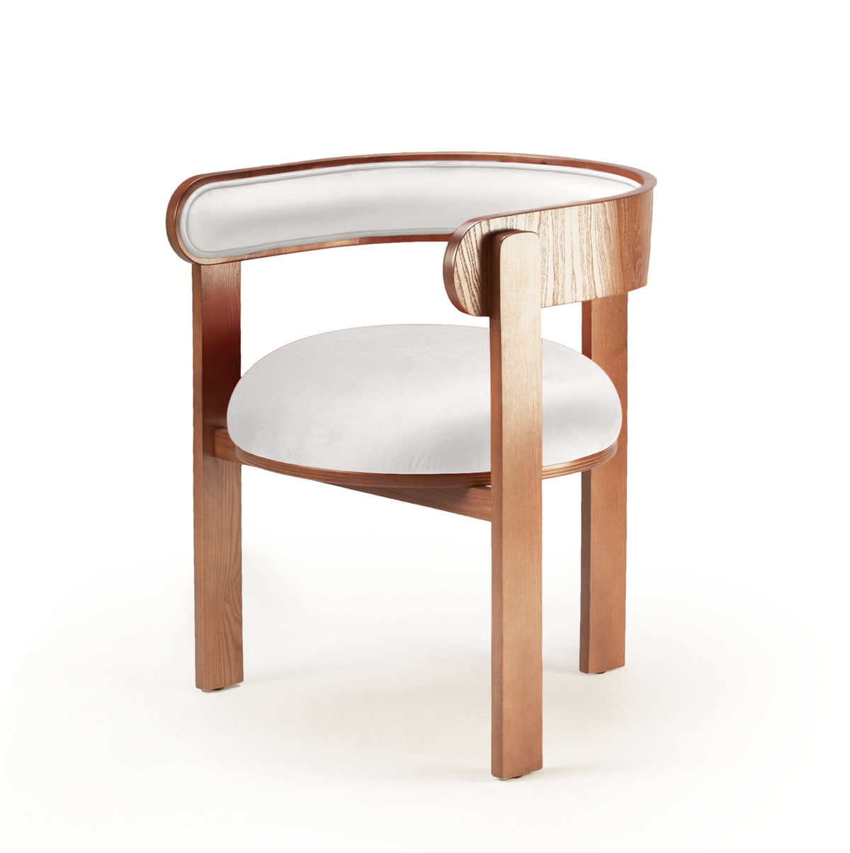 Moulin Dining Chair with white upholstery on a copper-tone wood frame, three-quarter view