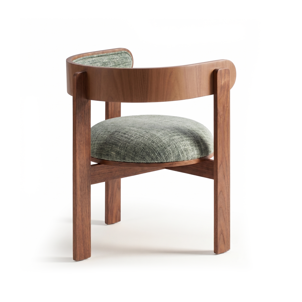 Moulin Dining Chair in walnut-tone wood with green textured upholstery, three-quarter view