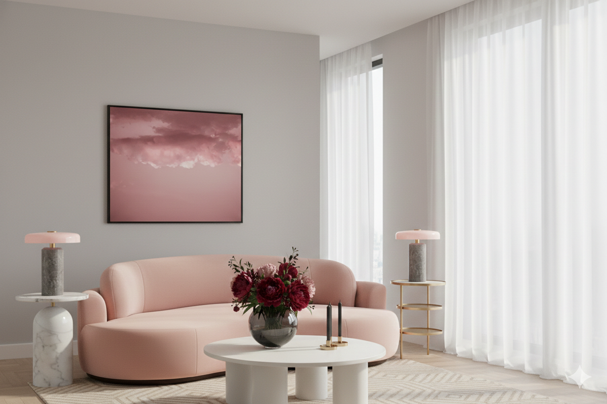 Naked Round Sofa in blush pink in a bright living room with sheer curtains and a round coffee table
