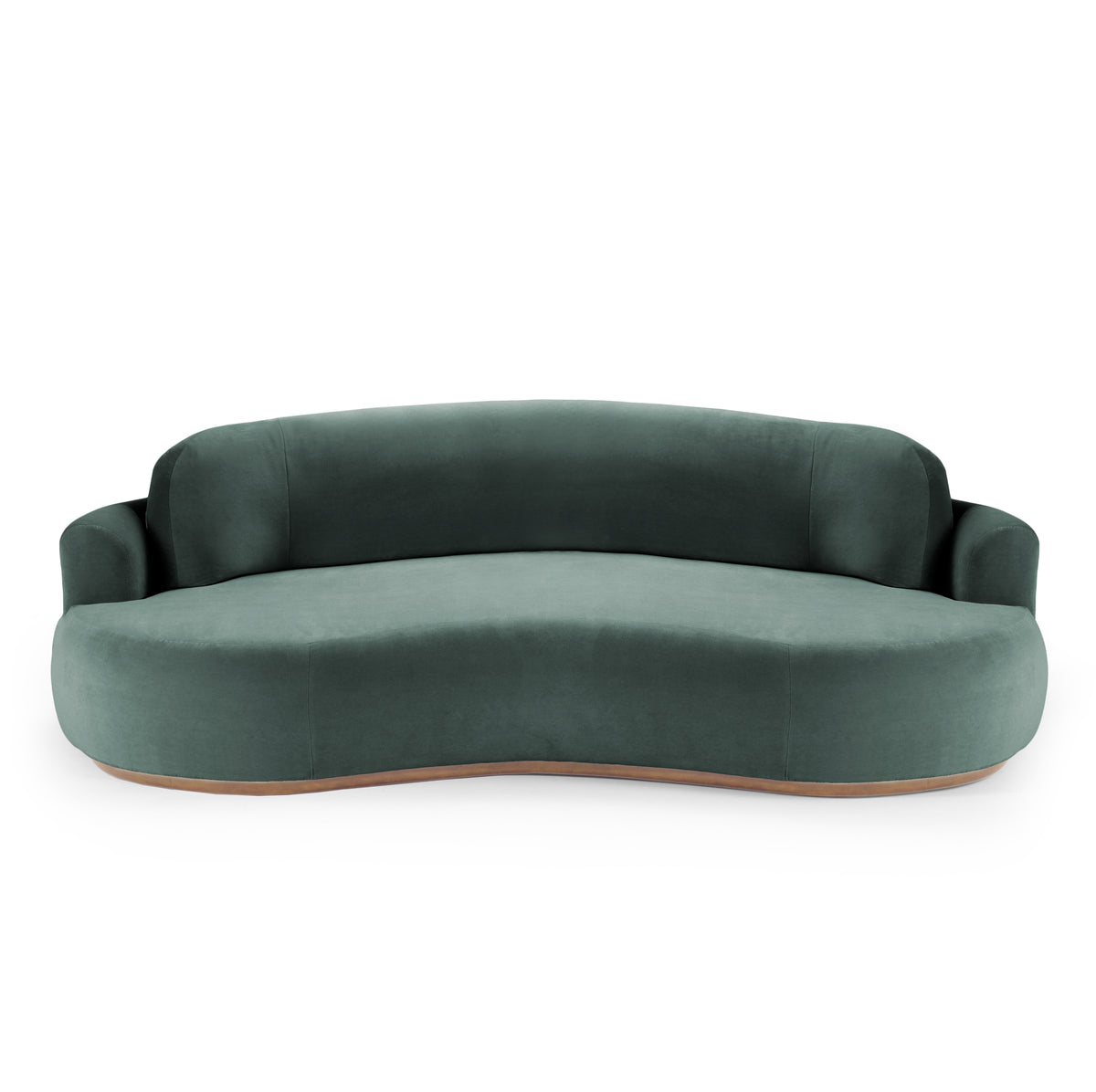 Naked Round Sofa in green velvet, front view with natural oak base