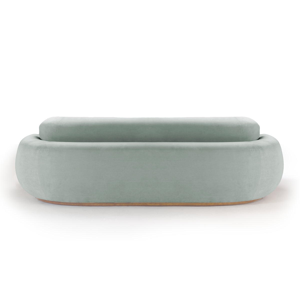 Naked Round Sofa in pale sage velvet, back view showing the oak base