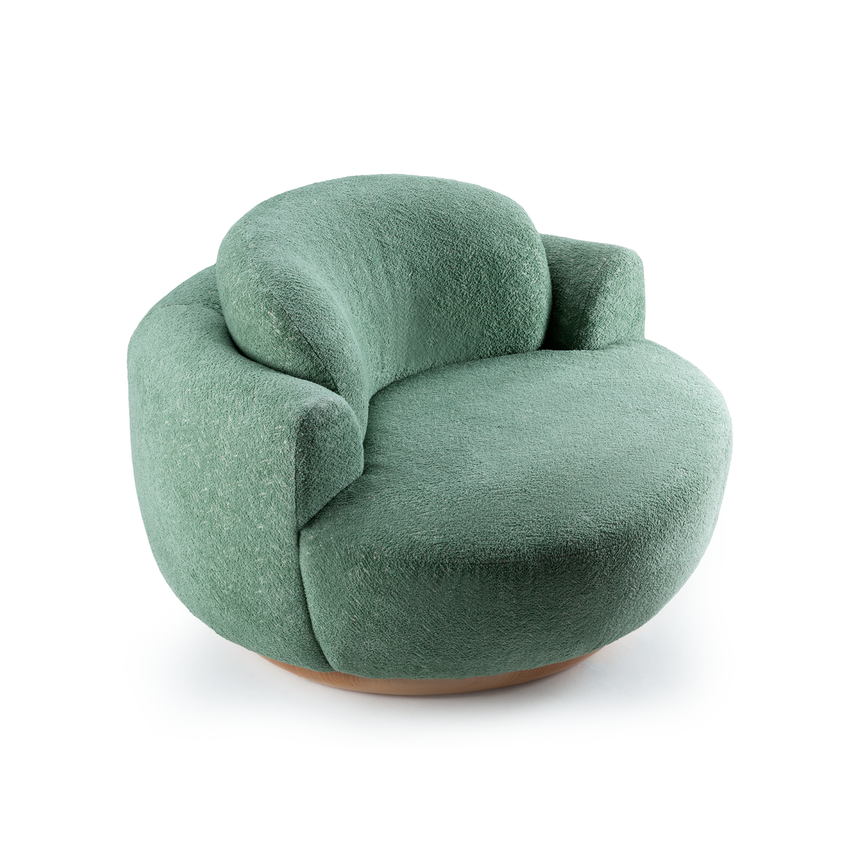 Naked Armchair in sage green Bouclé on a wood base, three-quarter view