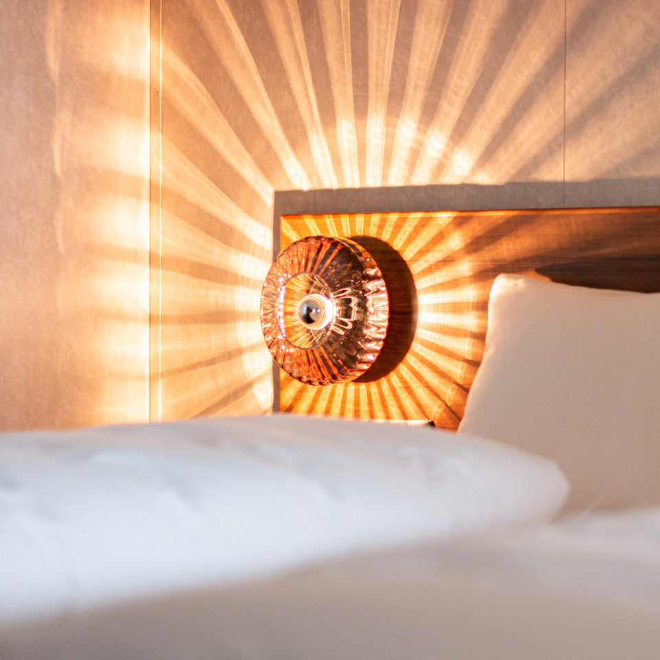 New Wave Optic Wall Light Sconce - Rose glowing above a bed with ray-like light patterns