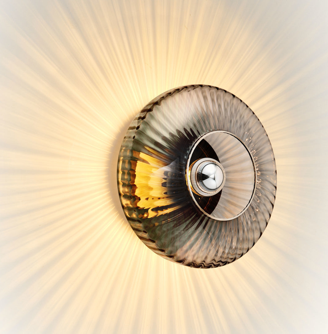 New Wave Optic Wall Sconce XL in Smoke glass, side angle with silver mirror bulb