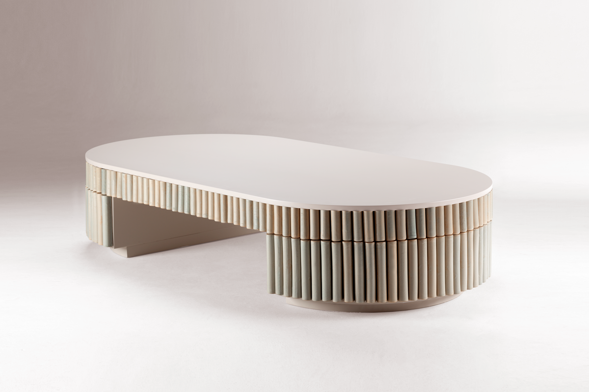 Nouvelle Vague Center Table with cream fluted tiles, three-quarter studio view