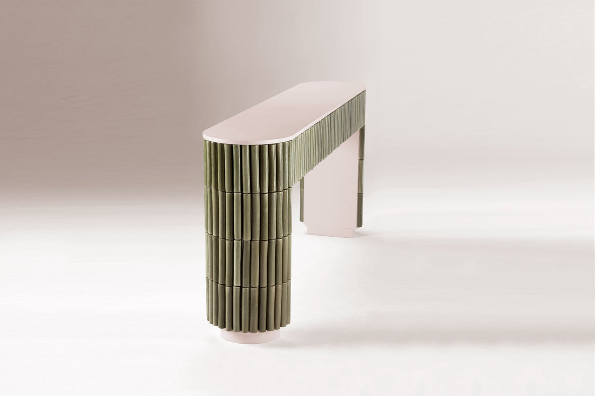 Nouvelle Vague Console Table in olive green tiles, end view on a soft backdrop