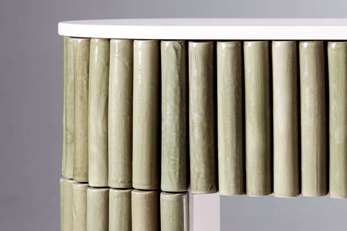 Nouvelle Vague Console Table close-up of the glossy olive green ceramic tiles