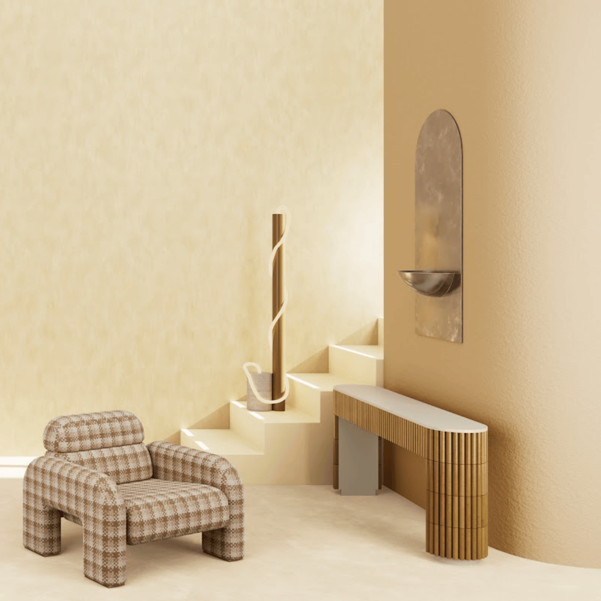 Nouvelle Vague Console Table in sand-toned tiles in a cream room beside a plaid armchair