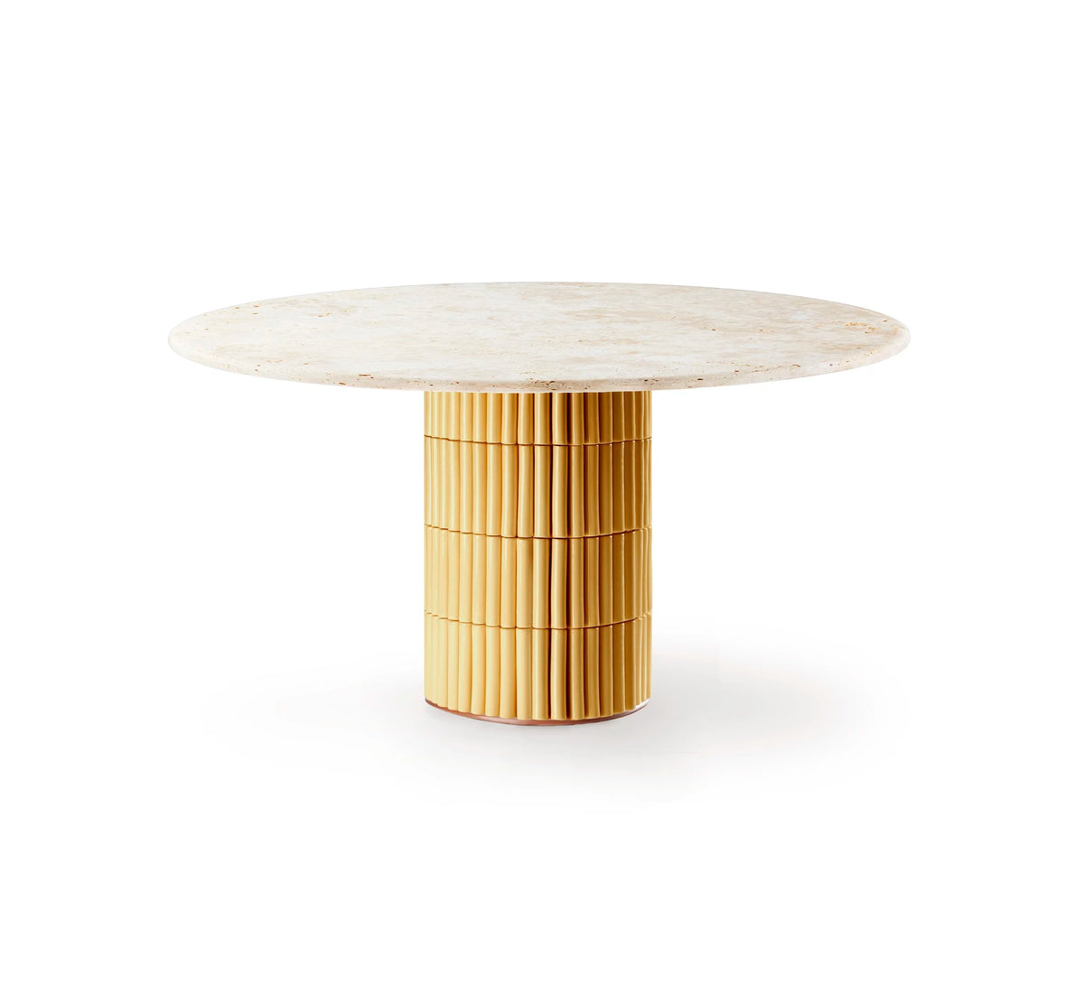 Nouvelle Vague Dining Table 59" with Ocre tiles and Travertine top on white