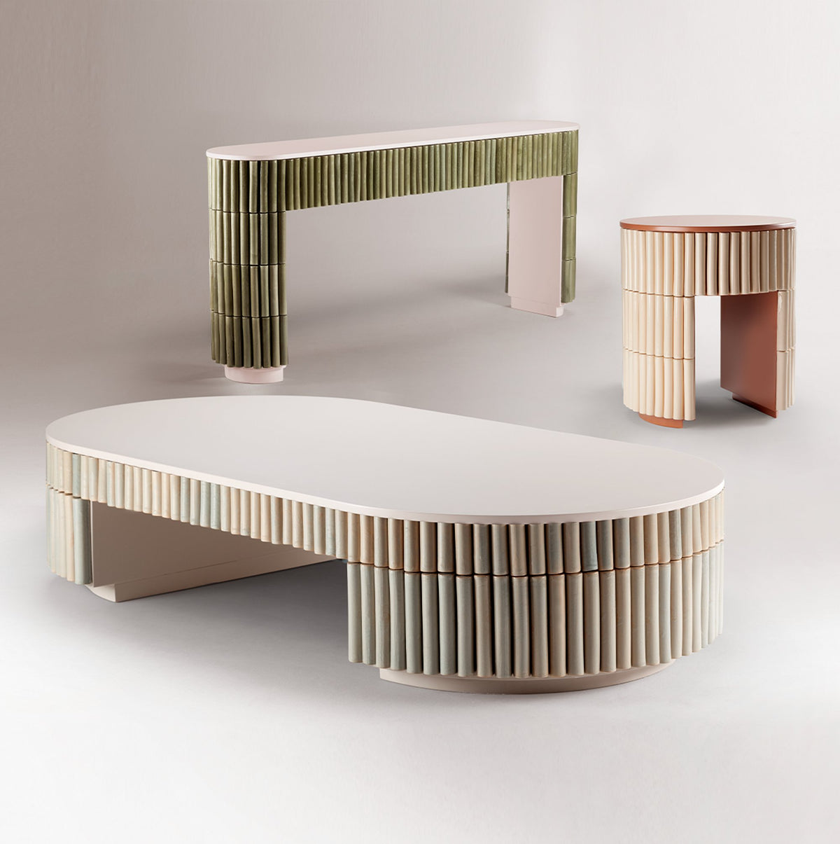 Nouvelle Vague Console Table in Olive tiles with matching coffee table and side table