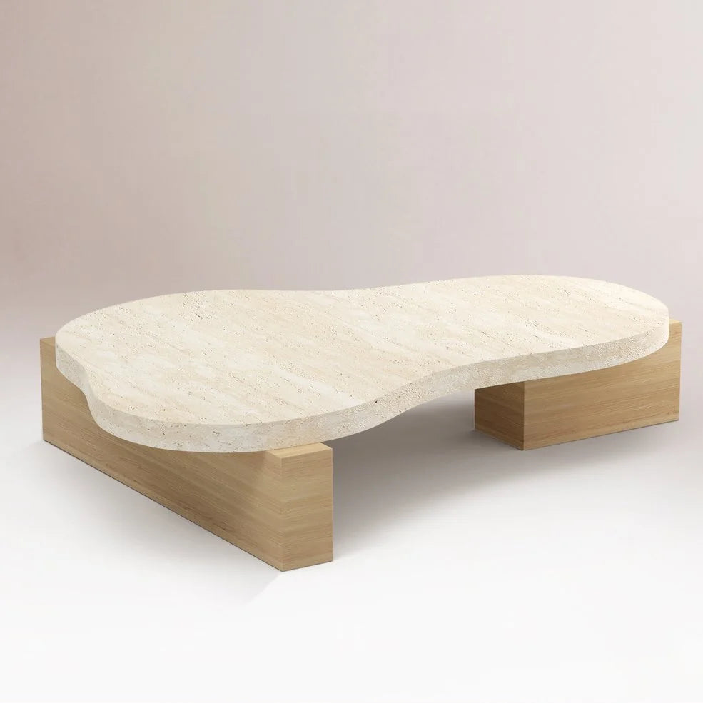 On The Rocks Coffee Table with travertine top and natural oak base, close three-quarter view