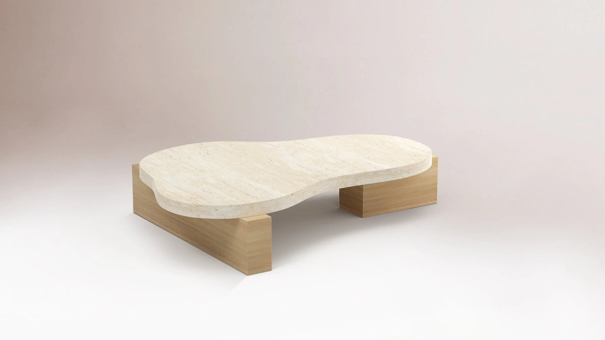 On The Rocks Coffee Table with travertine top and natural oak base, three-quarter view