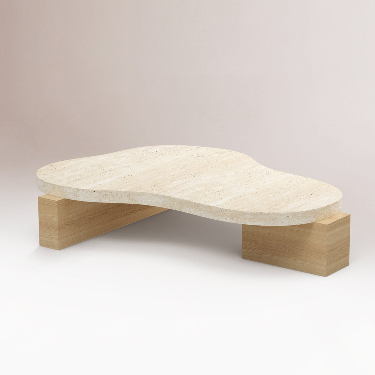 On The Rocks Coffee Table with travertine top and natural oak base, close side view