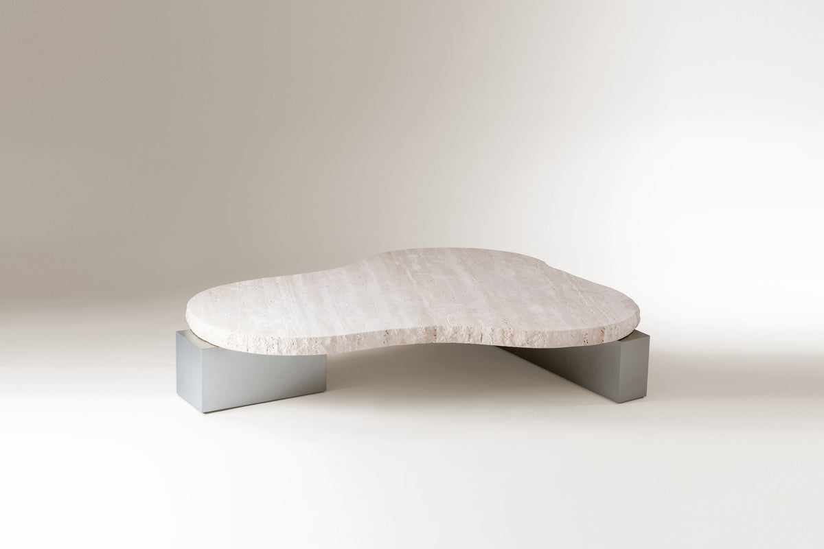 On The Rocks Coffee Table with travertine top and satin nickel base, side view