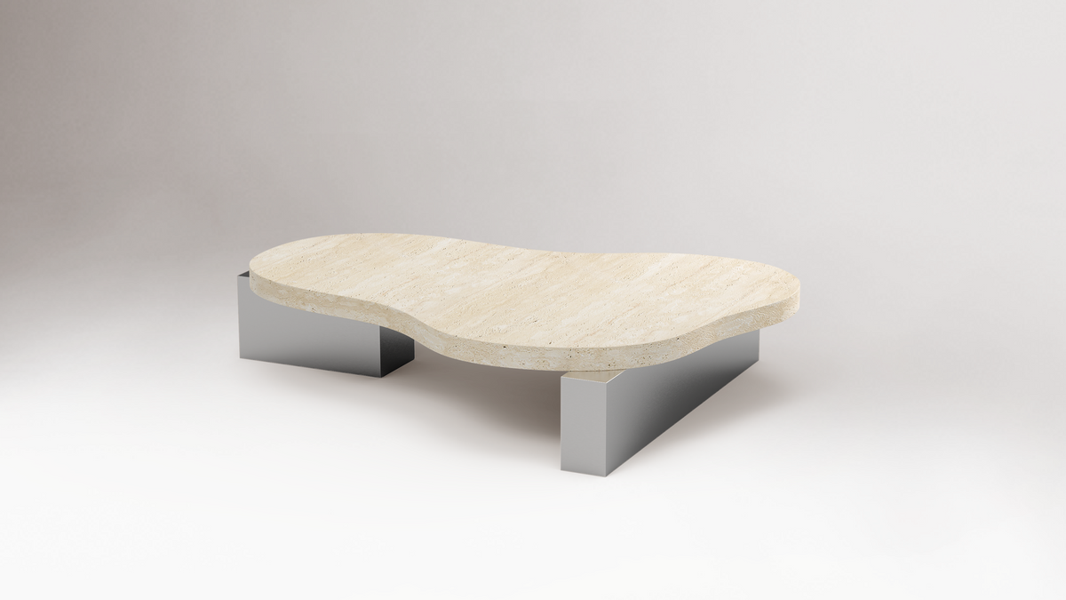 On The Rocks Coffee Table with travertine top and satin nickel base, front view