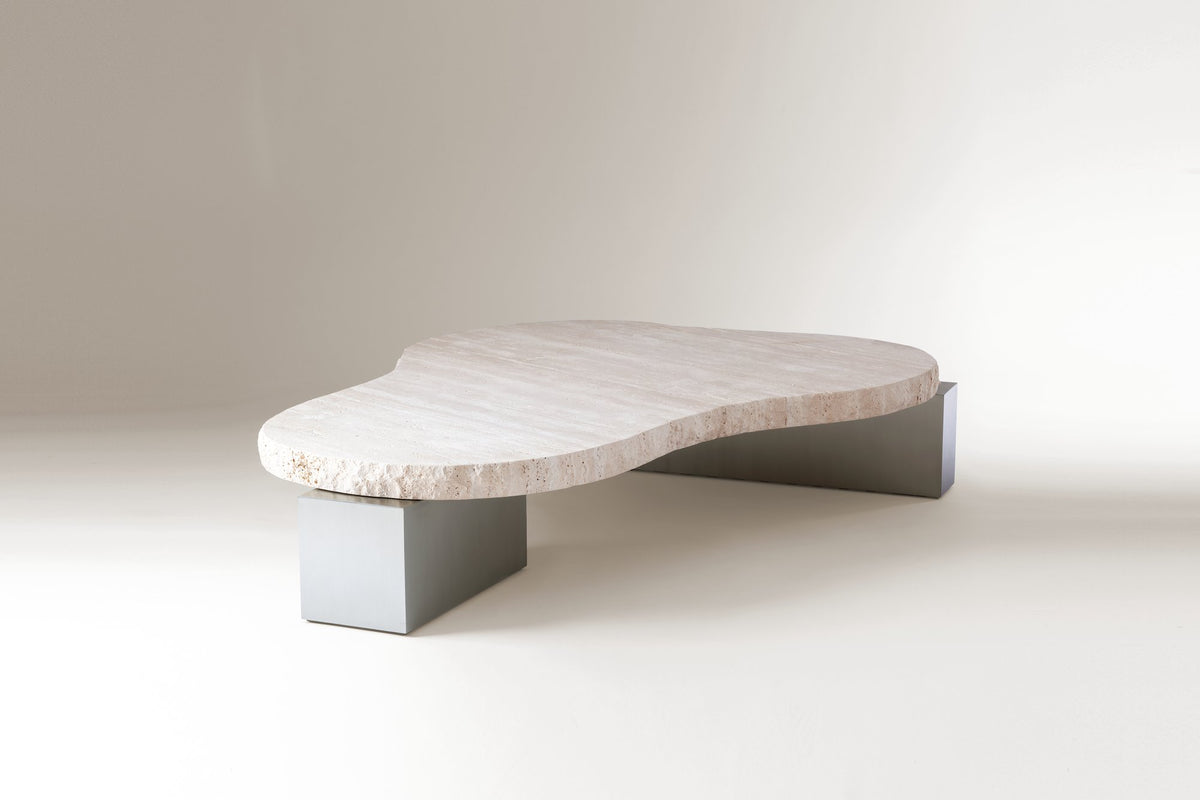 On The Rocks Coffee Table with travertine top and satin nickel base, long side view