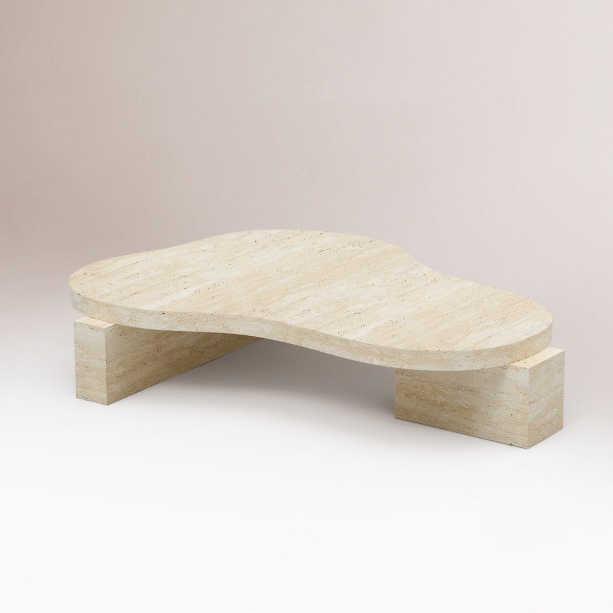 On The Rocks Coffee Table with travertine top and base, close three-quarter view