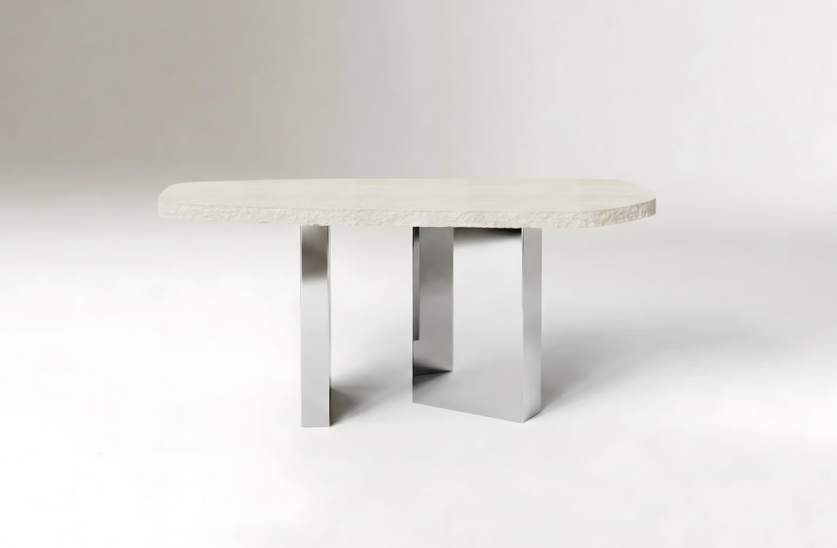 On The Rocks Console Table nickel base and travertine edge by Maison Burgos