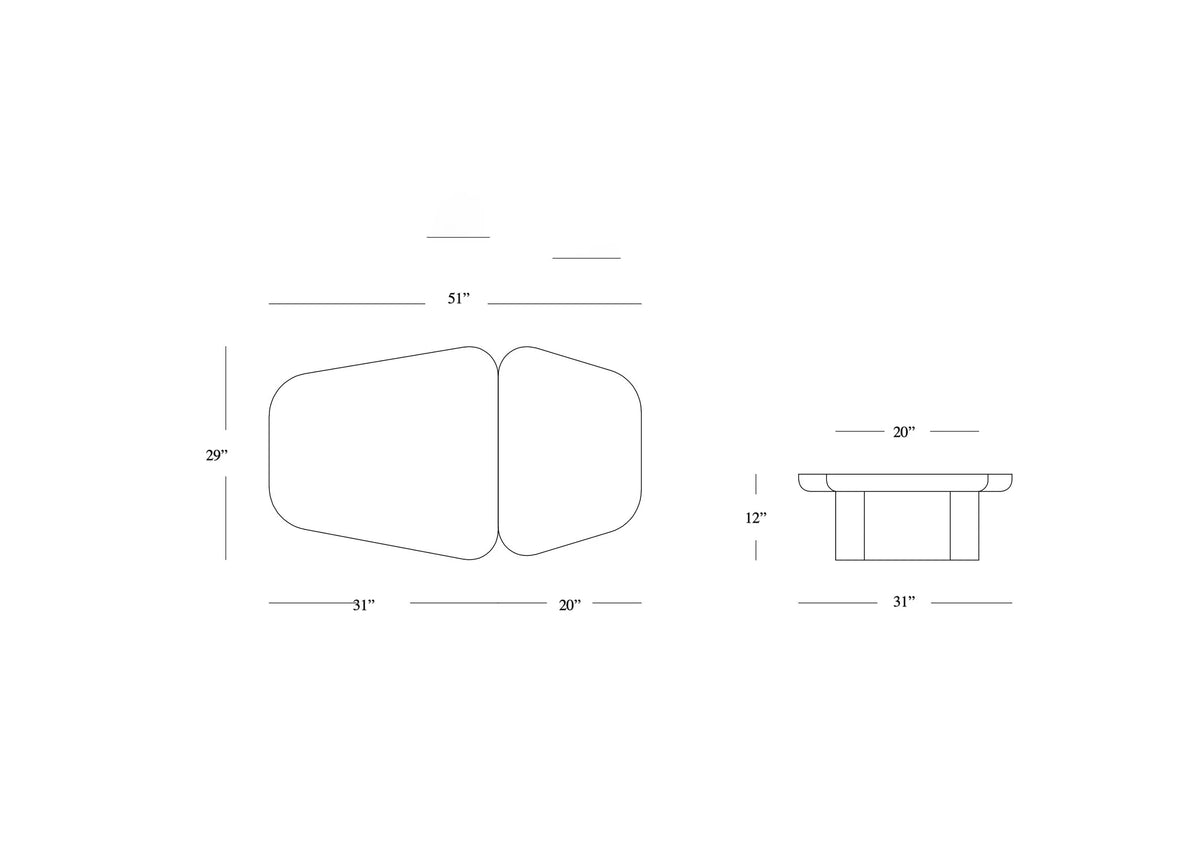 Pangea Coffee Table dimension drawing, top and side views