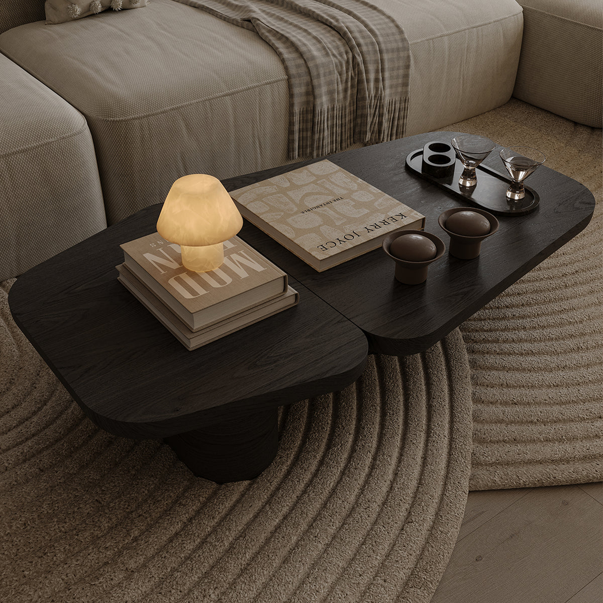Pangea Coffee Table overhead close-up with books, lamp and bowls