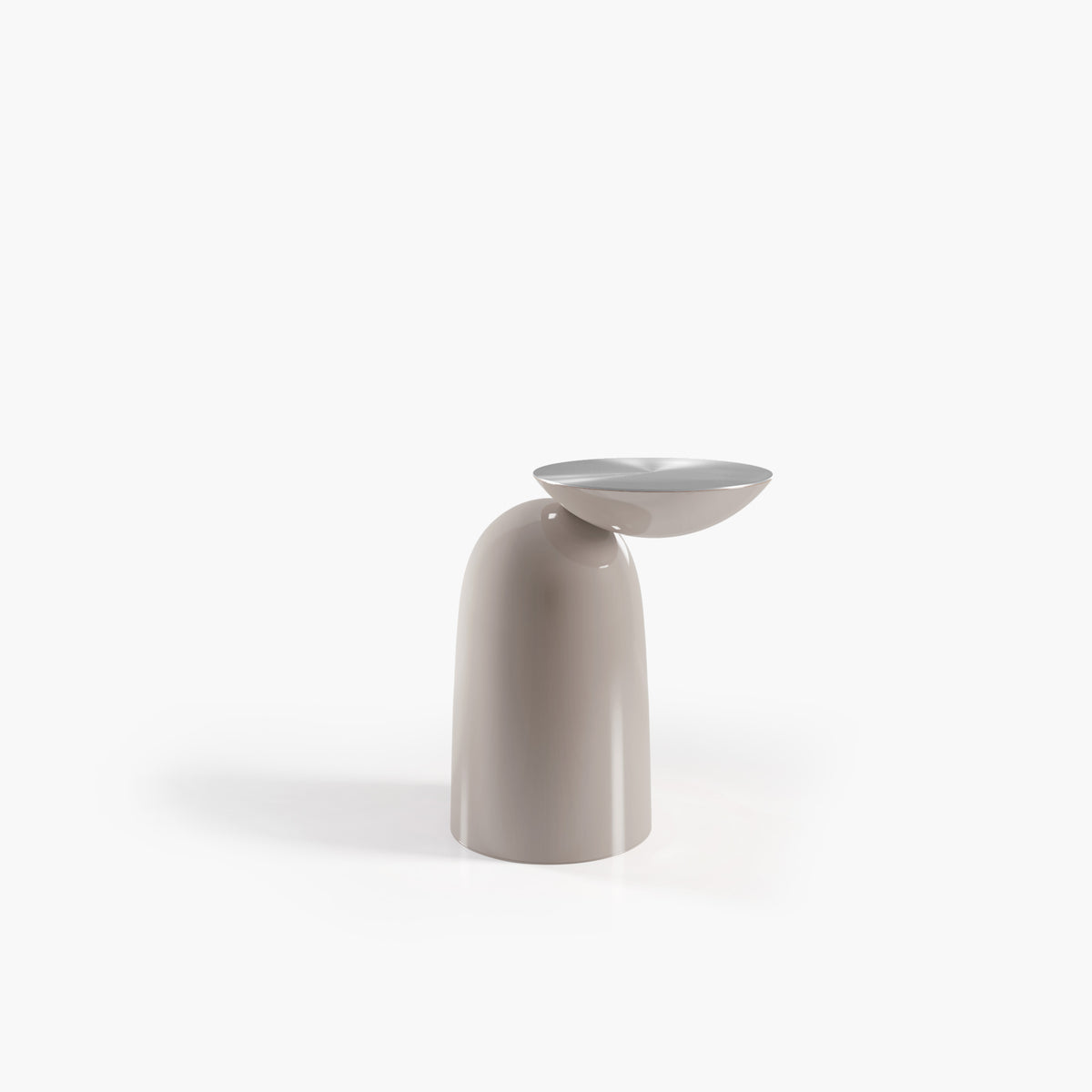 Pingu Side Table in grey lacquer with polished metal top, three-quarter view on white