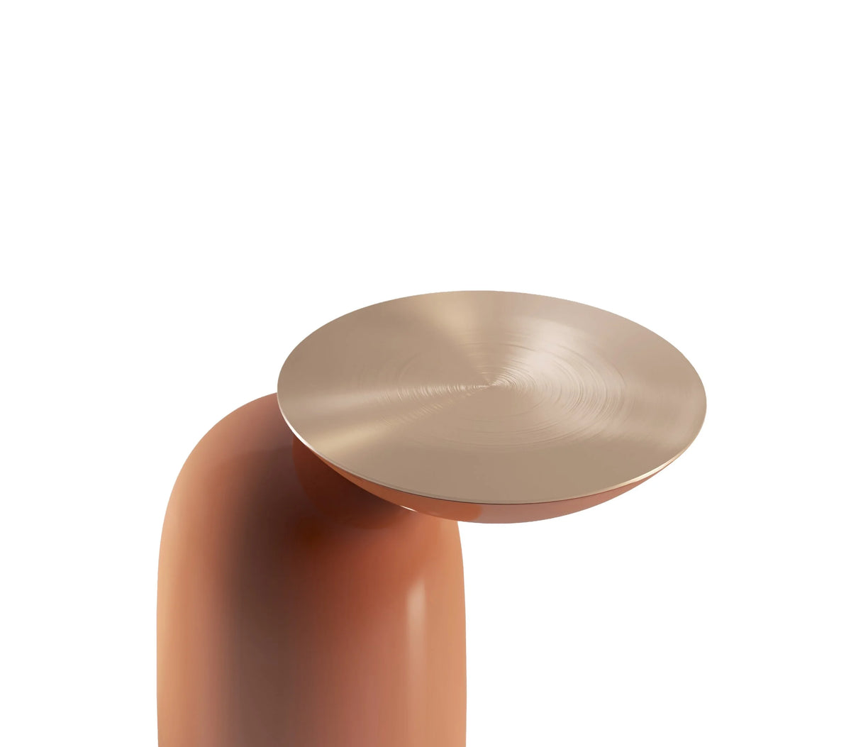 Pingu Side Table close-up of the polished metal top on a terracotta lacquered base