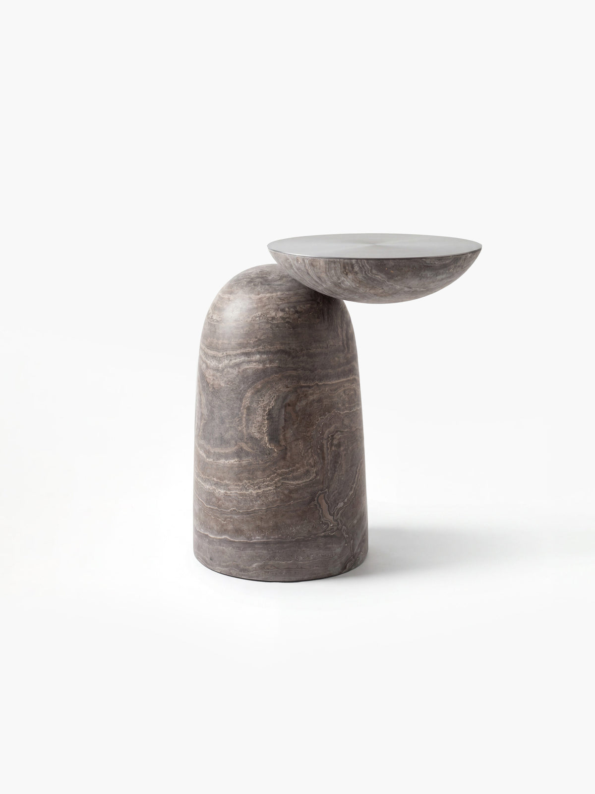 Pingu X Side Table in grey marble, side view on white