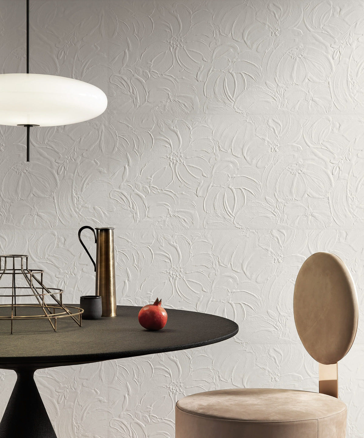 Pop Lounge Chair in taupe velvet beside a black cone table